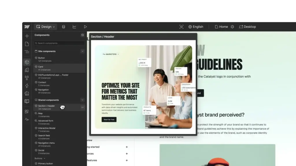 Webflow components panel showing reusable design elements and shared site sections