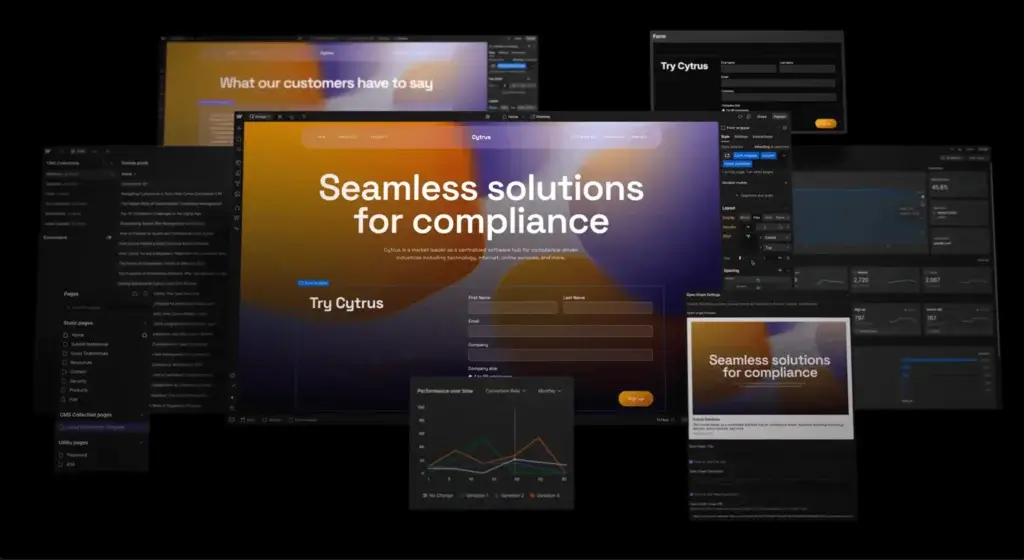 Webflow website builder interface showing page design, form editing, CMS, and analytics tools
