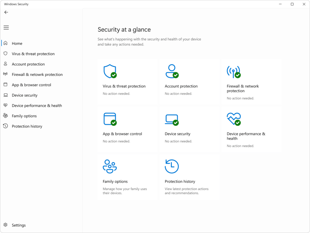 Windows Security home screen showing Windows Defender features including virus protection, firewall, device security, and protection history
