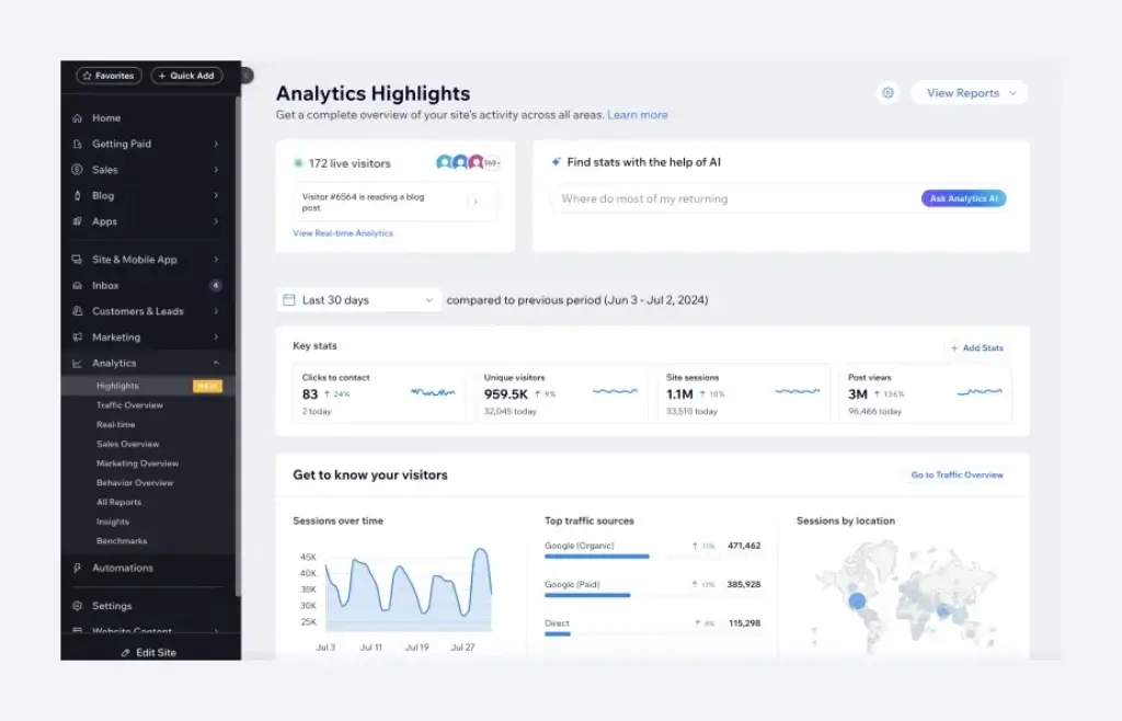 Wix SEO settings and marketing tools dashboard with metadata and optimization controls
