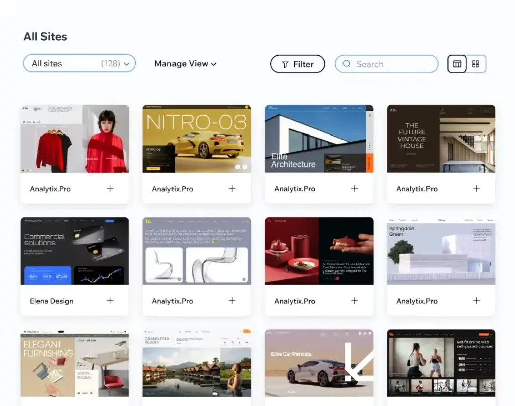 Wix dashboard showing multiple website projects, filters, and site management tools