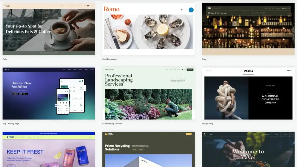 Wix website templates gallery showing business, restaurant, blog, and ecommerce design options