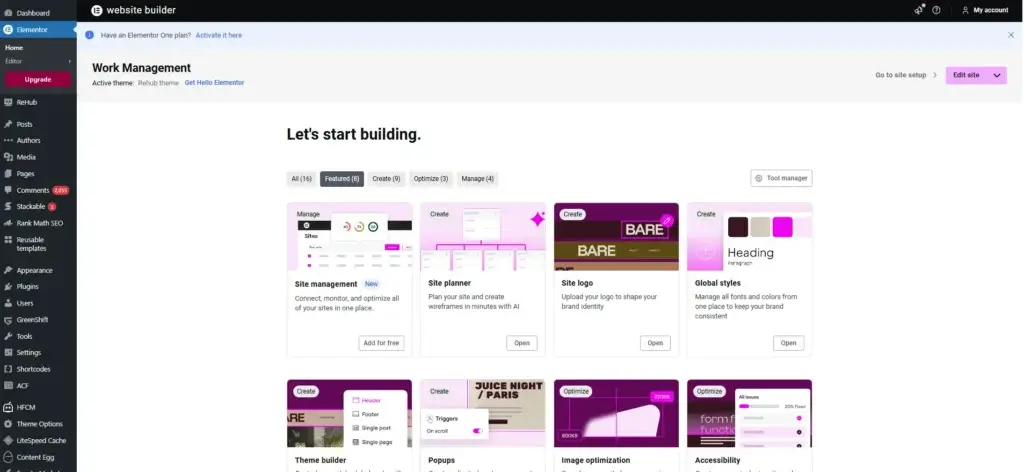 WordPress dashboard with Elementor site-building tools for layout, styling, and visual customization
