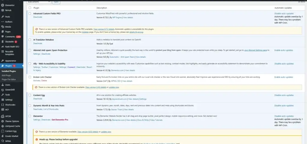 WordPress plugins screen showing installed plugins, update notices, and site extension tools