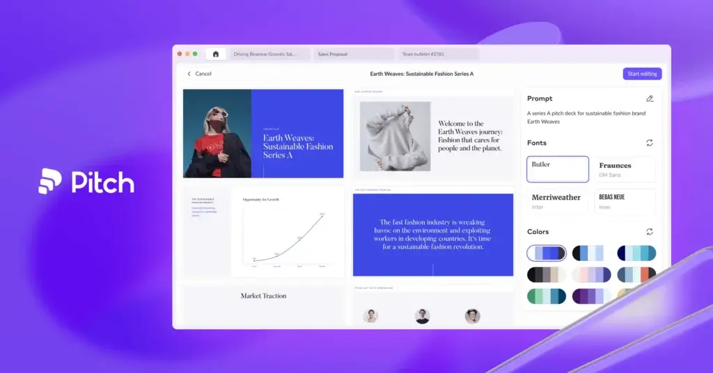 Pitch AI presentation maker interface showing a startup pitch deck editor with slide previews, prompt input, font options, and brand color controls