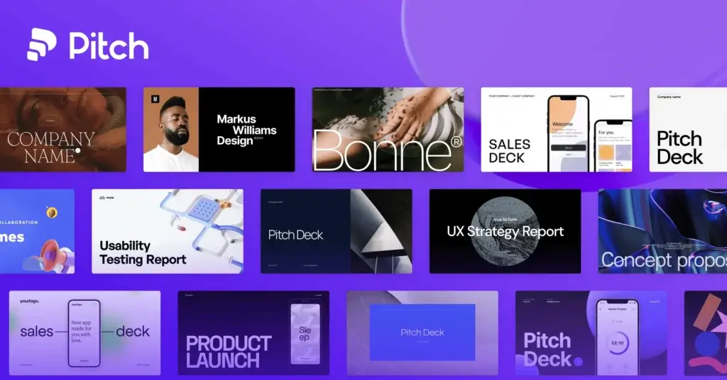 Pitch presentation templates gallery showing modern slide deck examples for sales, product launch, UX, and proposal presentations