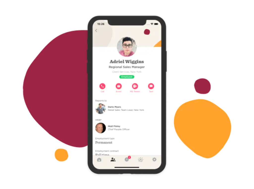 HiBob mobile app showing an employee profile and org structure
