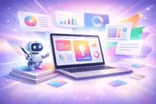 AI presentation maker concept showing a laptop with colorful slides, charts, and a robot assistant in a futuristic workspace