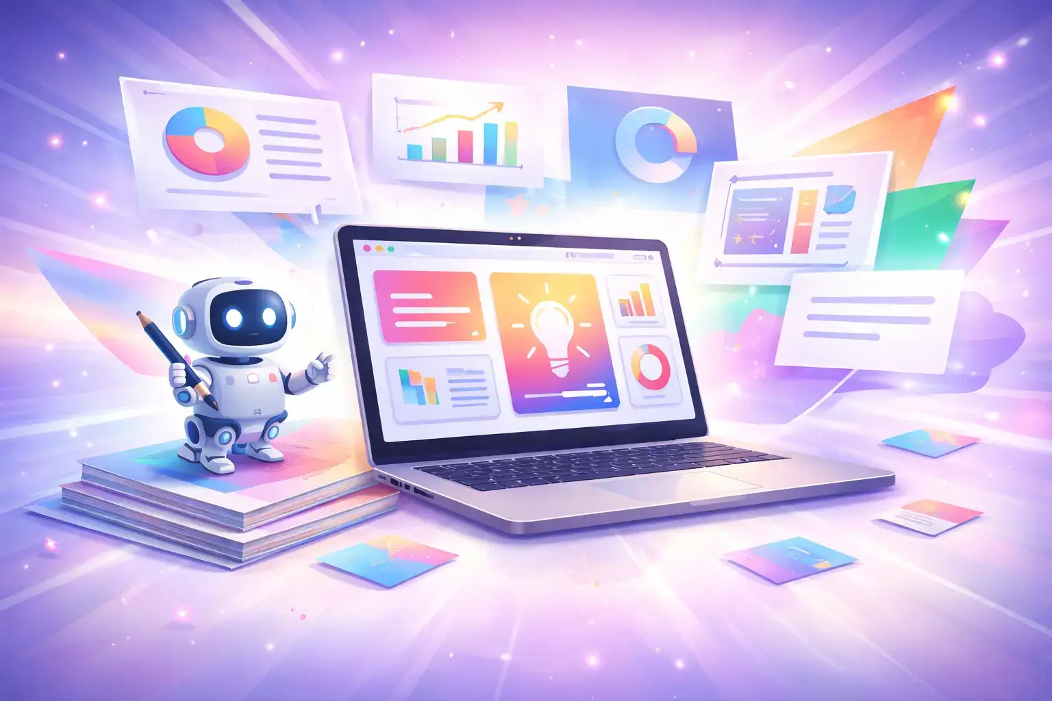 AI presentation maker concept showing a laptop with colorful slides, charts, and a robot assistant in a futuristic workspace