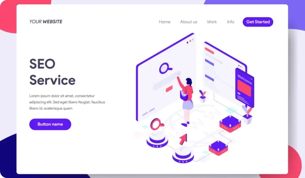 AIPPT presentation maker showing an AI-generated SEO service website landing page template with navigation, call to action, and illustration