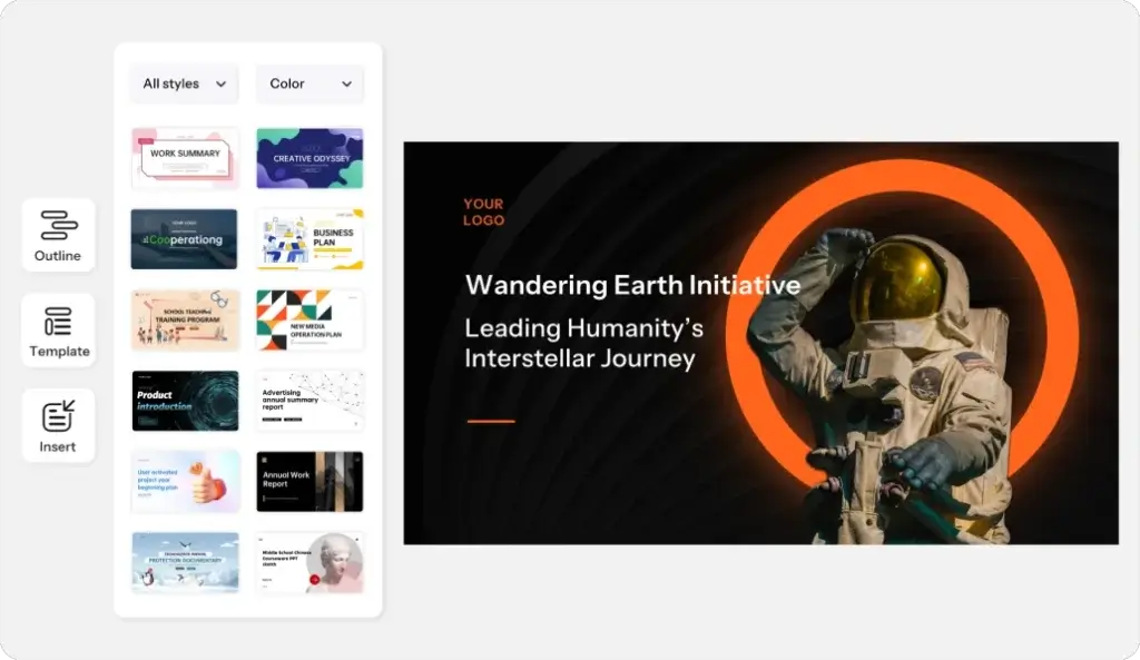 AIPPT presentation maker dashboard showing template selection, editing tools, and a presentation slide with an astronaut-themed design