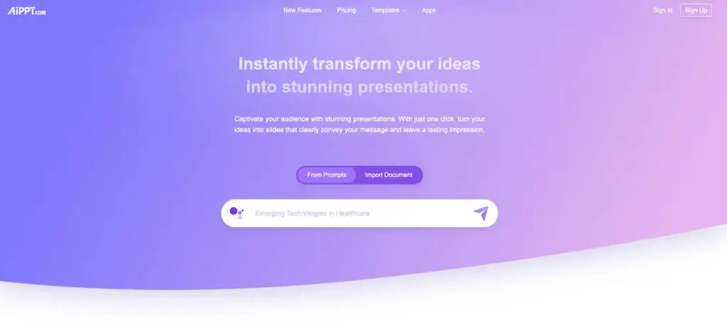 AIPPT homepage showing AI presentation maker for generating slide decks from prompts and imported documents