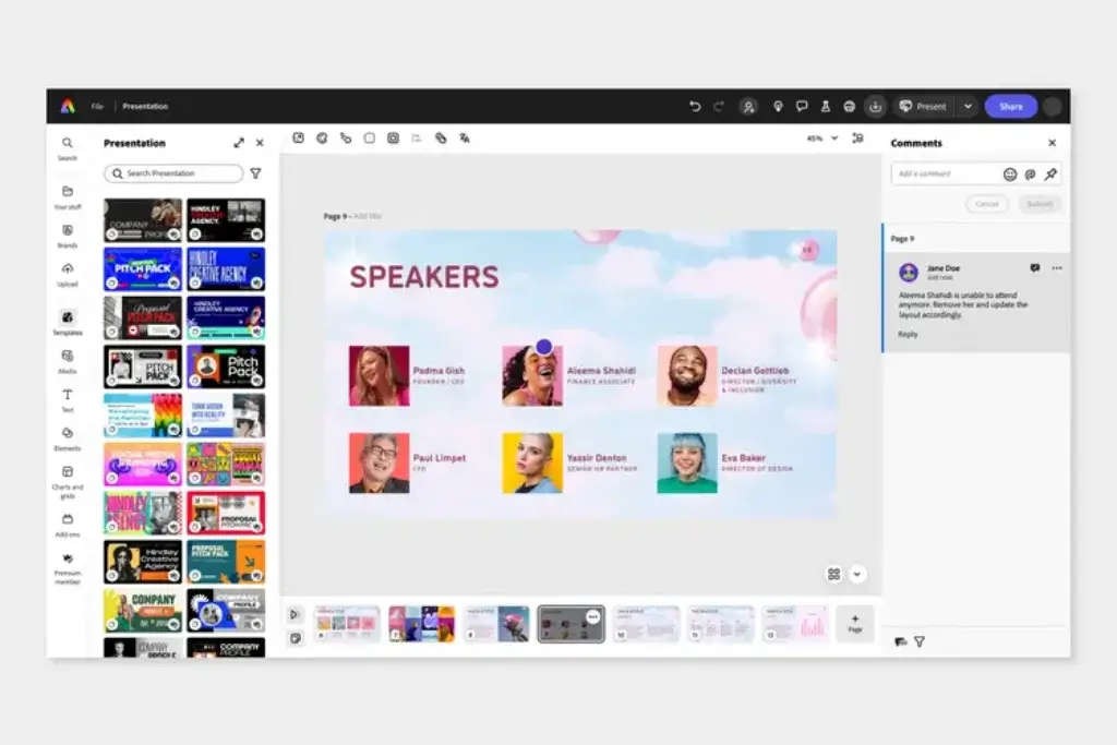 Adobe Express presentation editor showing templates, slide thumbnails, speaker profiles, and team comments.
