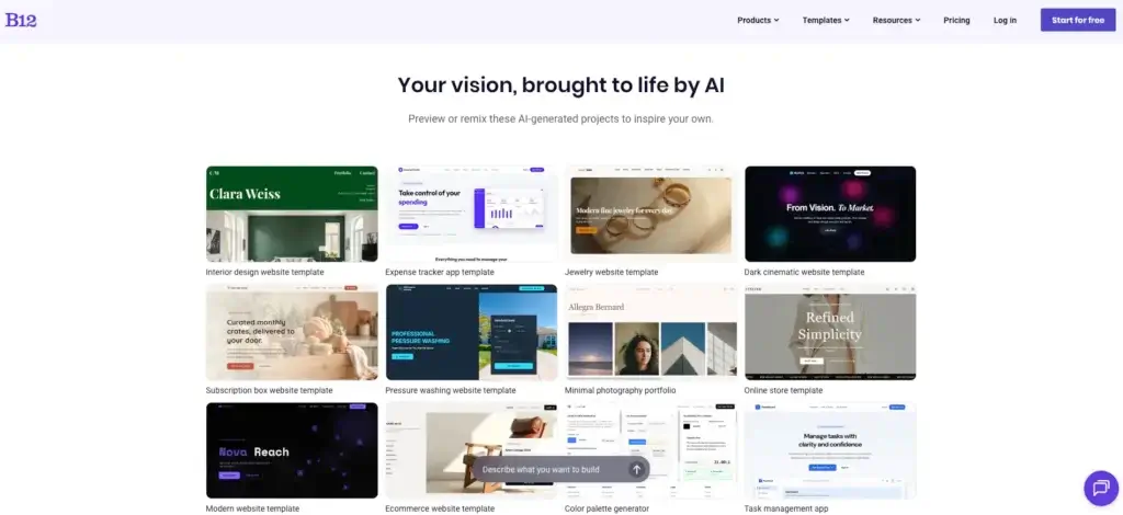 B12 AI website builder showcasing professionally designed website templates for businesses, portfolios, ecommerce, and service companies