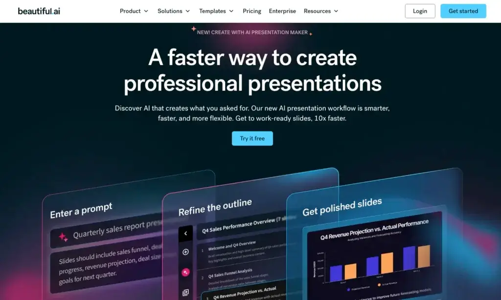 Beautiful.ai homepage showing AI presentation workflow for turning prompts into polished professional slides
