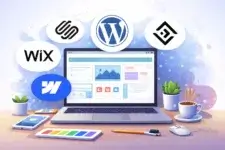 Laptop with website builder interface and top website builder logos for comparison