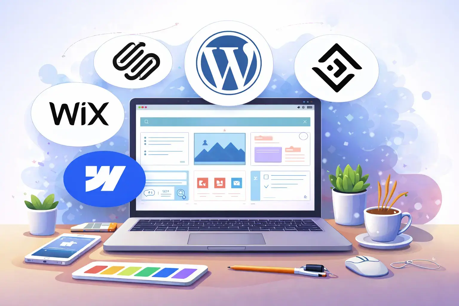 Laptop with website builder interface and top website builder logos for comparison
