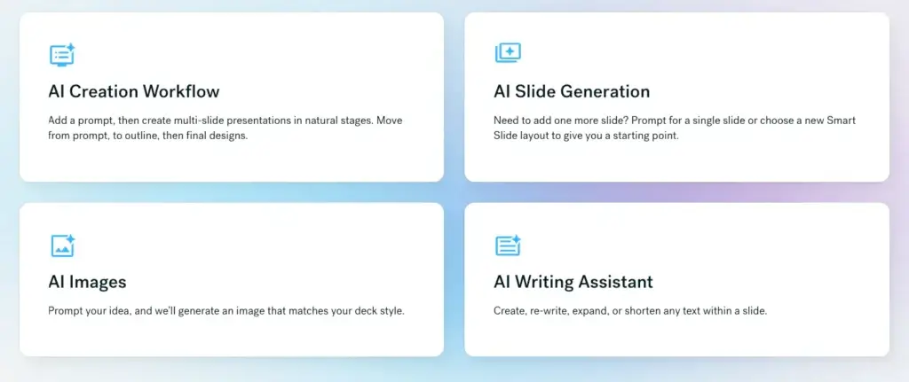 Beautiful.ai presentation maker showing AI creation workflow, AI slide generation, AI images, and AI writing assistant features