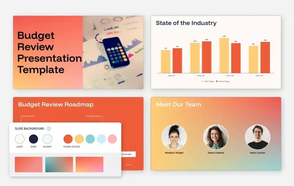 Beautiful.ai budget review presentation template with chart slide, team slide, roadmap slide, and slide background customization options