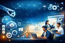 Illustration of Bitrix24 automation, AI workflows, dashboards, and team collaboration improving project productivity