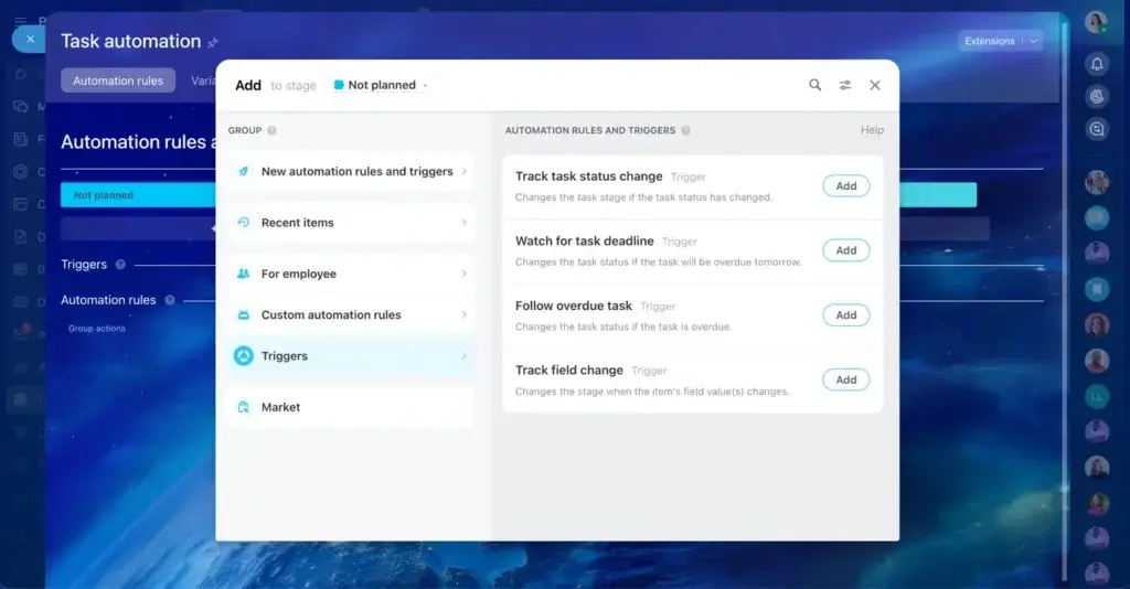 Bitrix24 task automation interface showing workflow triggers and rule options for project tasks