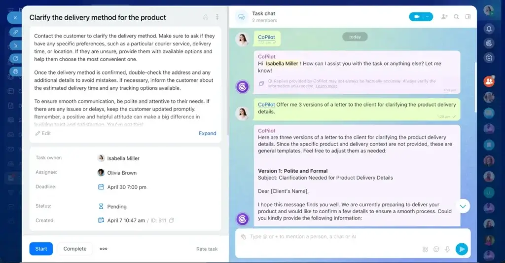 Bitrix24 task chat showing CoPilot helping a team draft a client message inside a task workflow