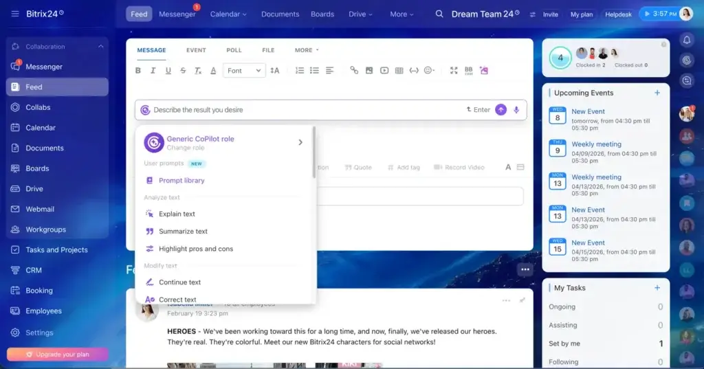 Bitrix24 CoPilot helping create and refine content inside the workspace feed editor