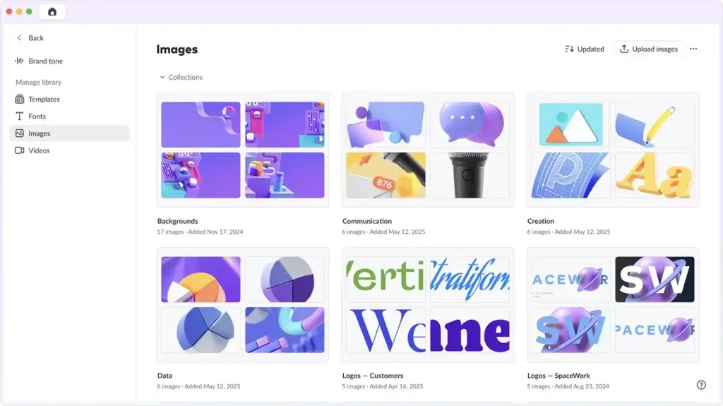 Pitch brand library interface showing image collections, templates, fonts, logos, and reusable visual assets for branded presentation creation