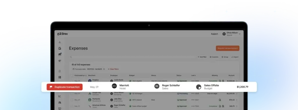 Brex expense dashboard highlighting a duplicate transaction alert