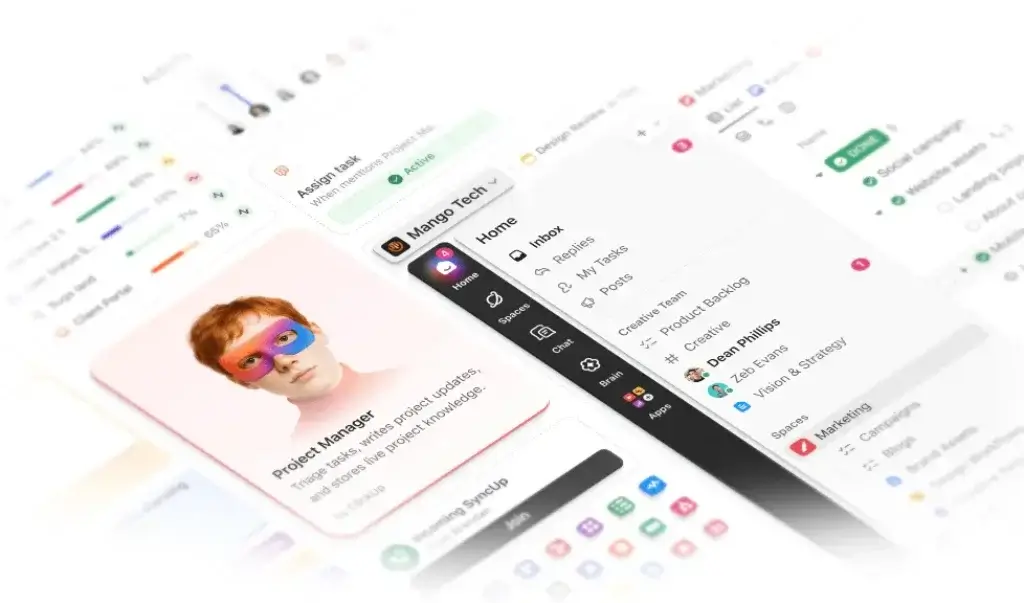 ClickUp 4.0 interface showing AI-powered workspace, chat, and project management tools