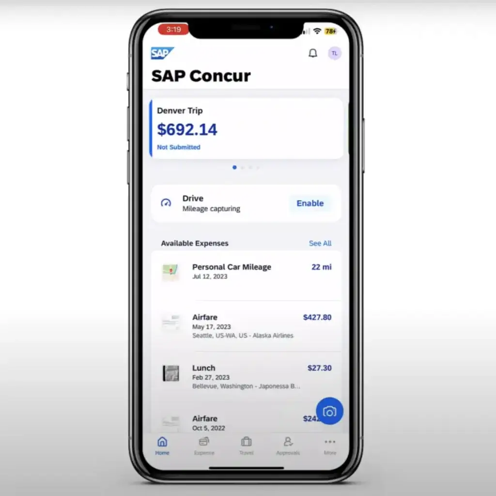 SAP Concur mobile app showing expense and approval access