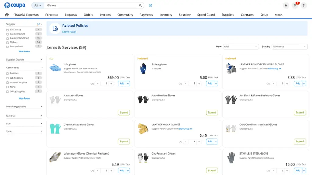 Coupa procurement search results with approved supplier items and pricing