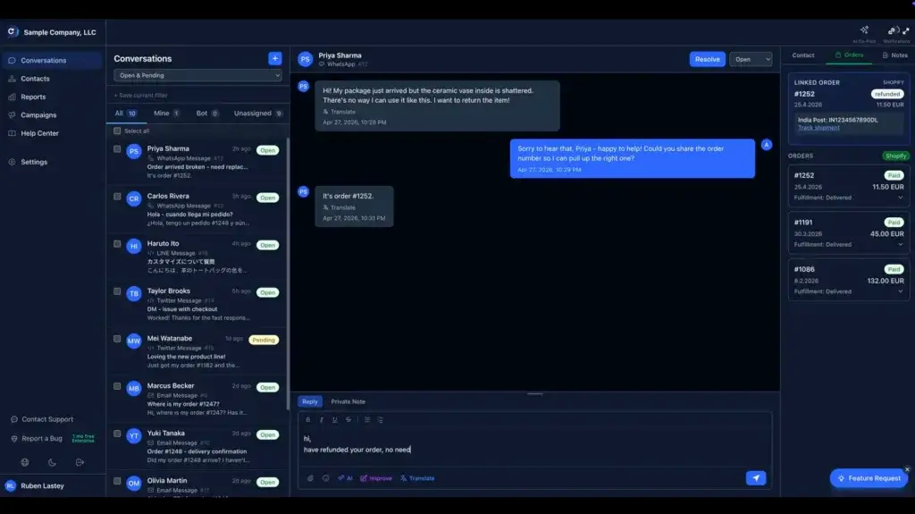 Deskwoot multi-channel inbox with WhatsApp conversations, customer messages, and Shopify order details