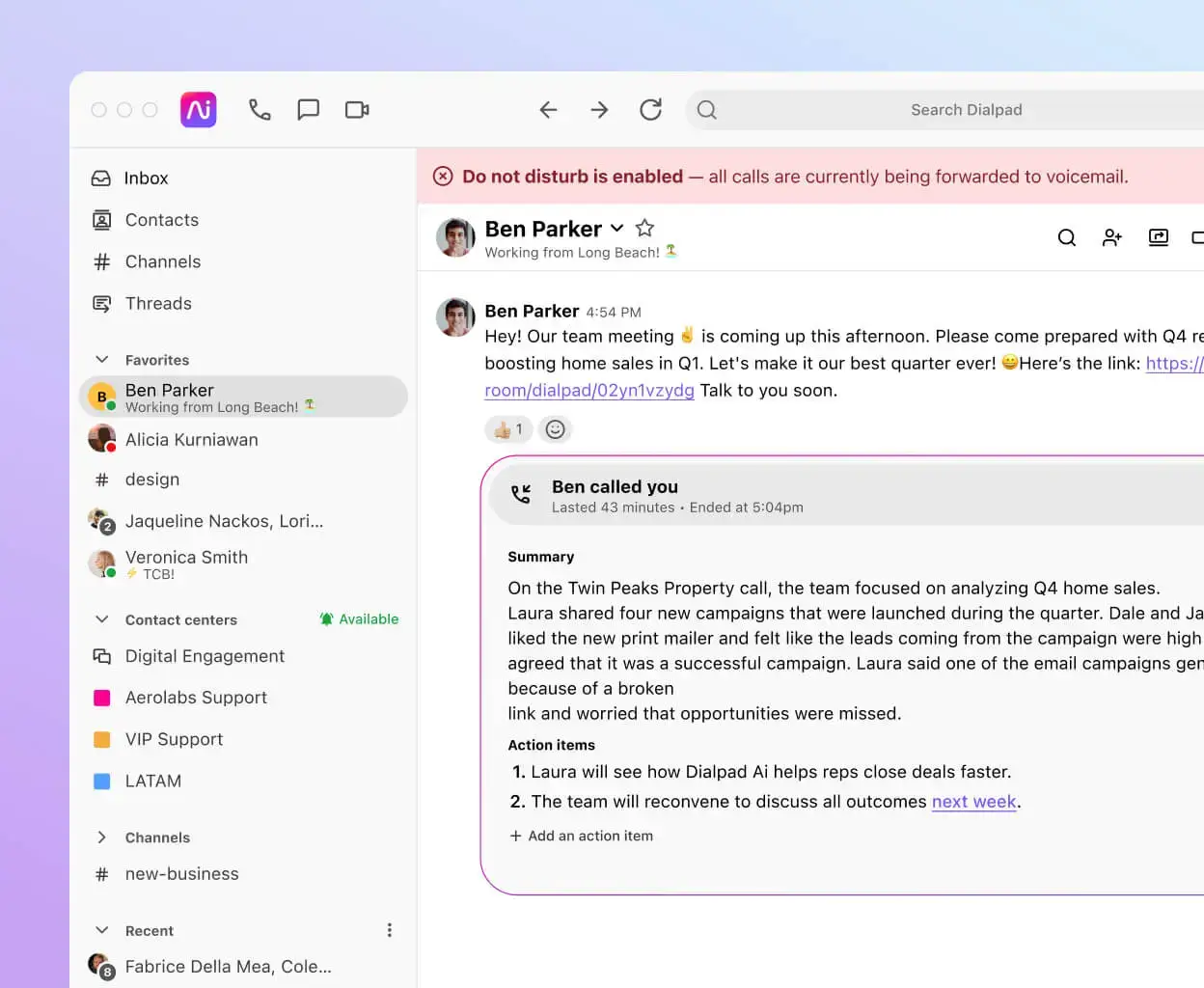 Dialpad AI call summary with action items inside the conversation thread
