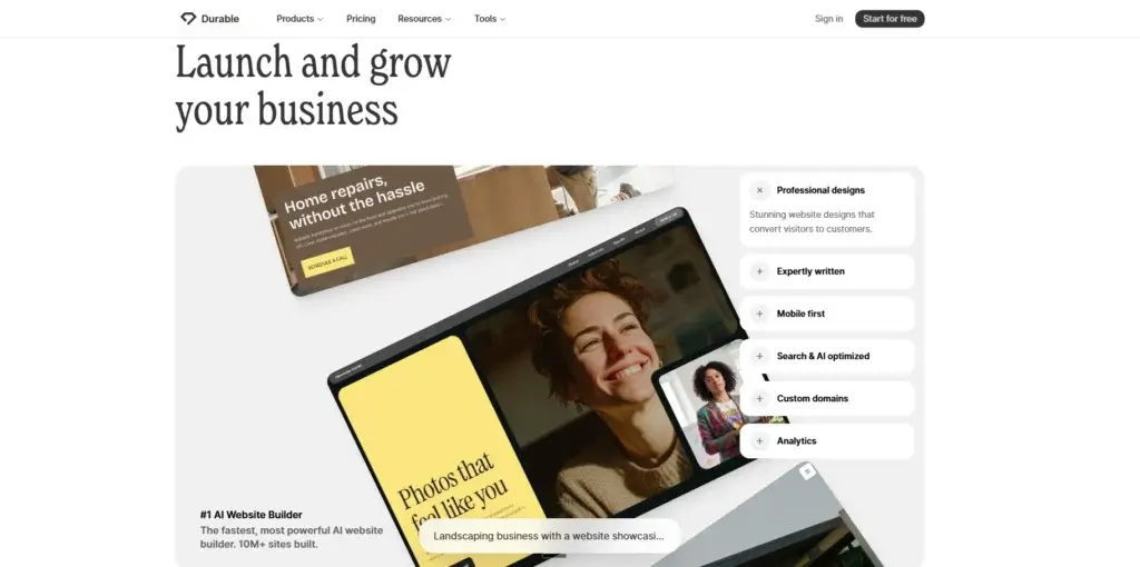 Durable AI website builder homepage showing business website creation, mobile-first design, analytics, and AI search optimization