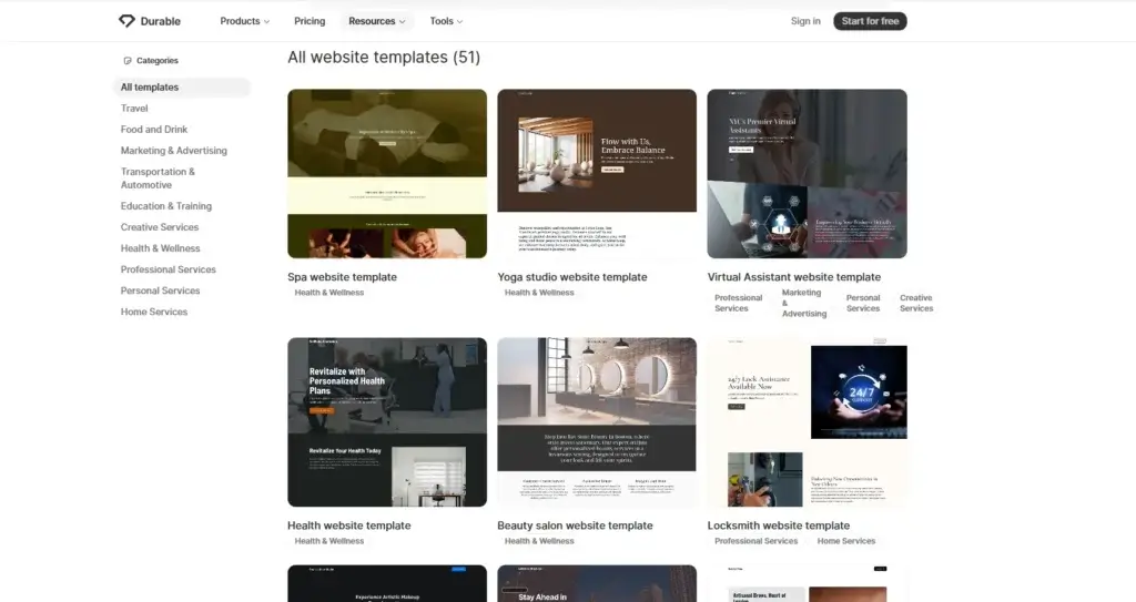 Durable website templates gallery showing spa, yoga, virtual assistant, health, beauty salon, and locksmith site designs