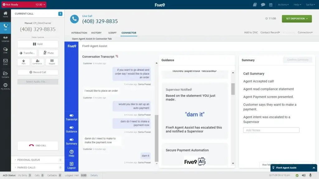 Five9 Agent Assist with live transcript, guidance cards, and AI call summary
