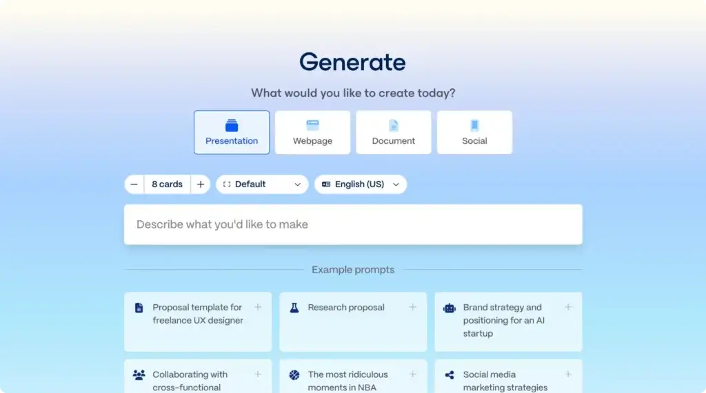 Gamma AI presentation maker interface showing presentation, webpage, document, and social content creation options