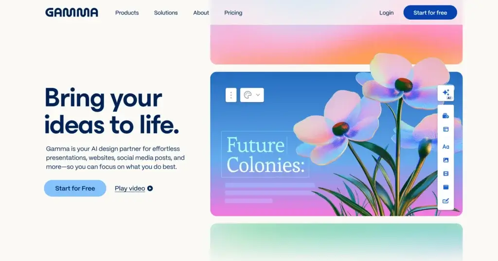 Gamma homepage showing AI presentation and design platform with visual editing tools and presentation creation interface