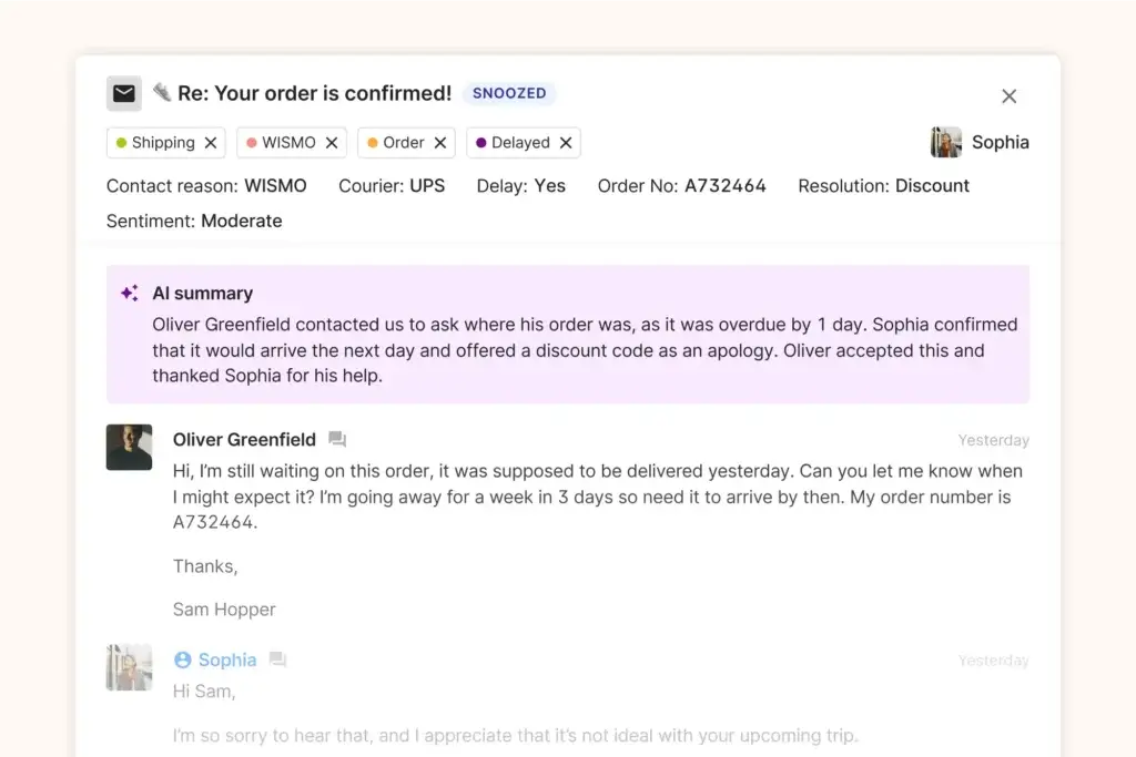 Gorgias customer support inbox with order details, Shopify panel, and shopper conversation thread