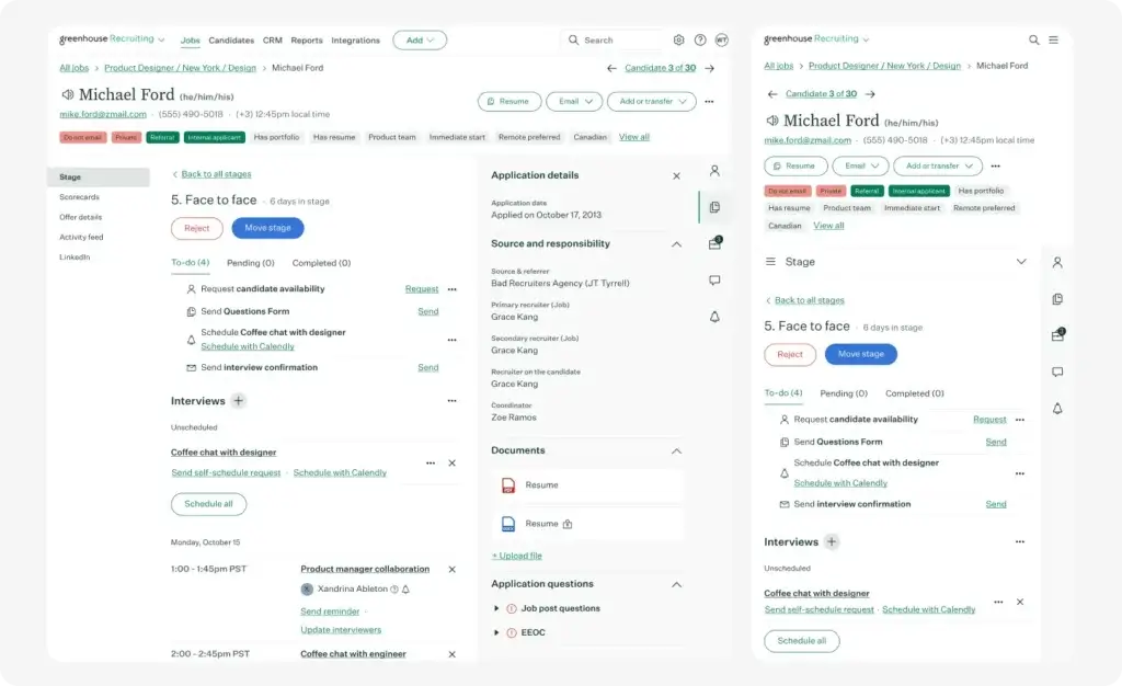 Greenhouse candidate profile view with interview stage, tasks, and scheduling tools
