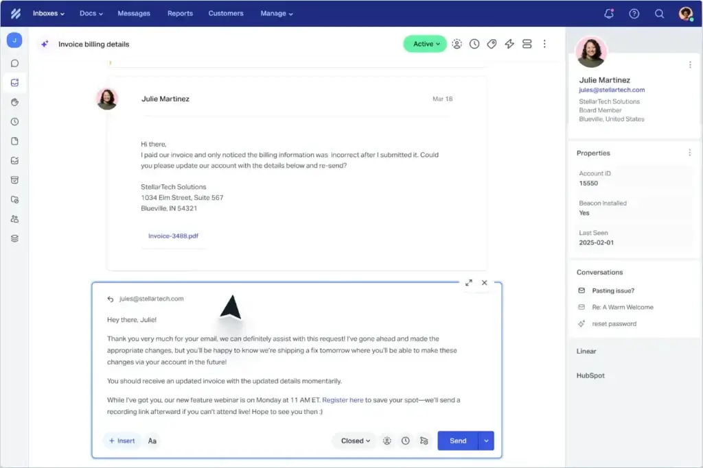 Help Scout shared inbox with customer conversation and contact details sidebar