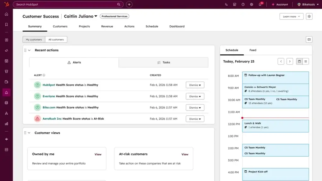 HubSpot customer success workspace with alerts, customer views, and schedule dashboard