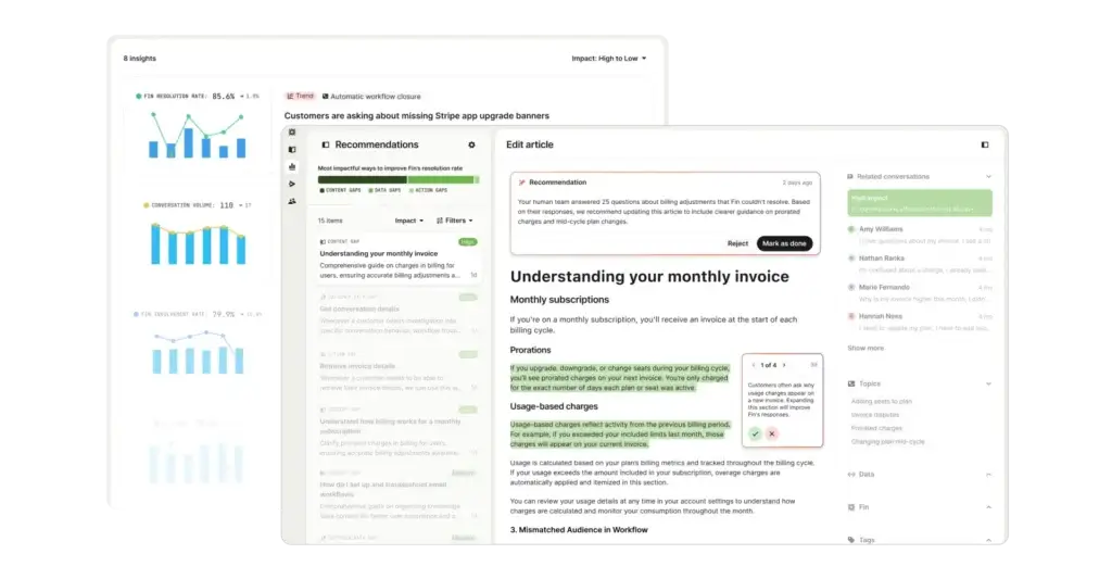 Intercom recommendations for improving help center content and Fin resolution rates