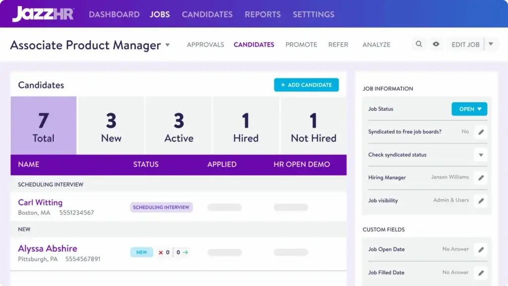 JazzHR jobs dashboard showing candidates, job status, and hiring information