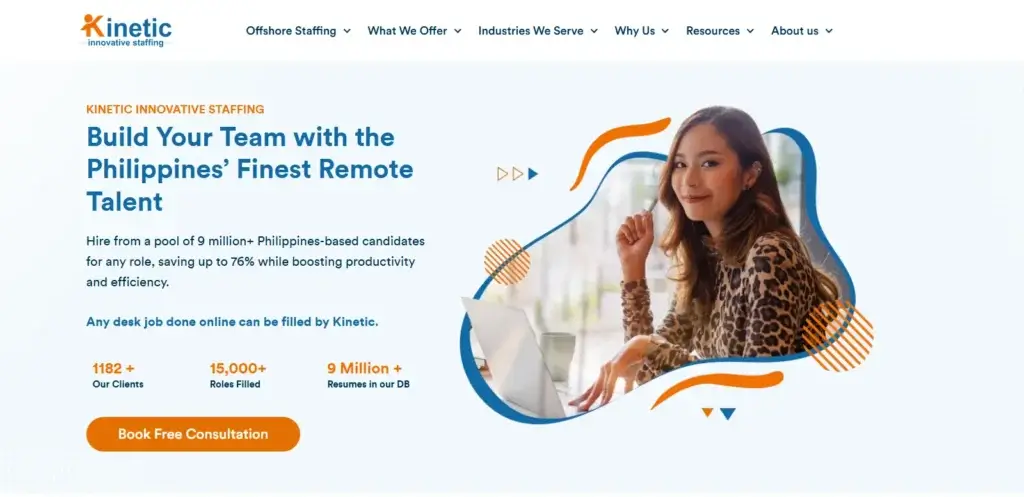 Kinetic Innovative Staffing homepage showing offshore staffing services and Philippines-based remote talent