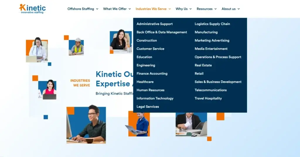 Kinetic Innovative Staffing industries served menu showing support for admin, IT, finance, healthcare, and more