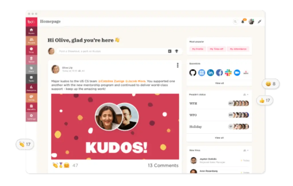 HiBob homepage with employee updates, kudos, and HR self-service tools