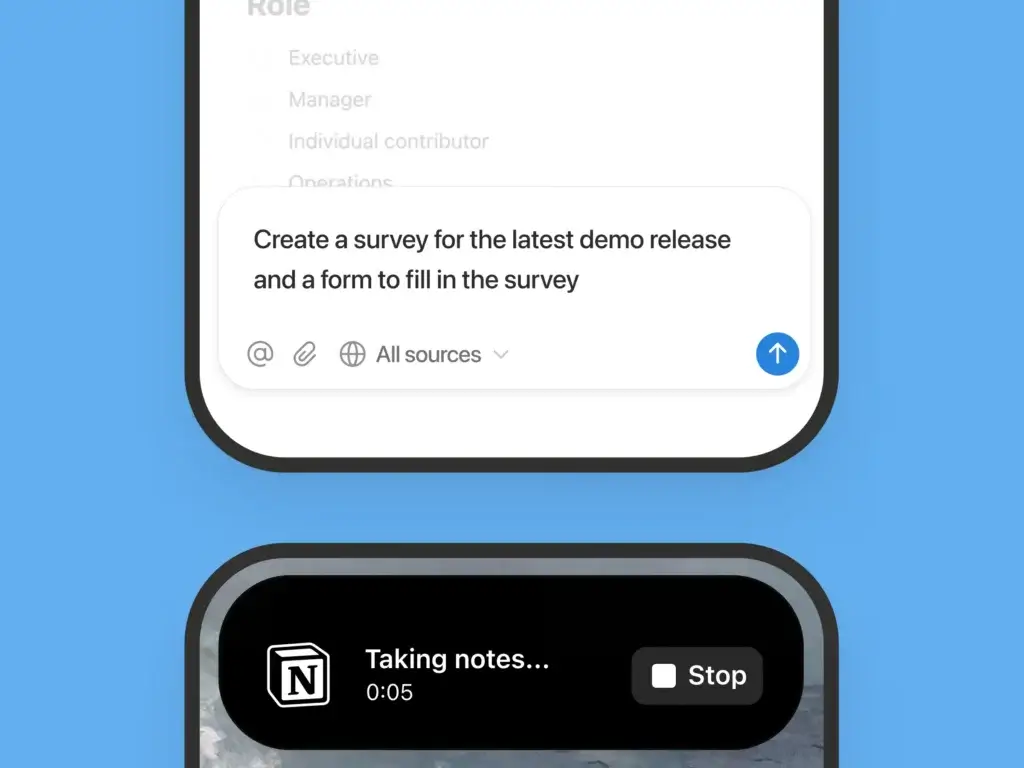 Notion 3.2 mobile AI interface showing prompt-based workflow creation and note capture