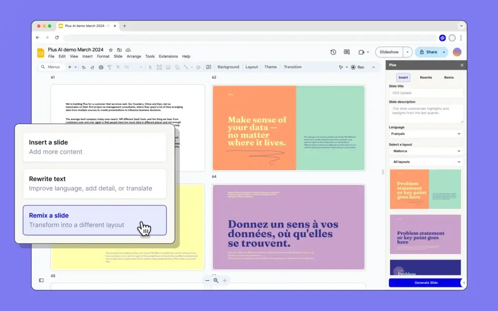 Plus AI interface in Google Slides showing insert slide, rewrite text, and remix slide features